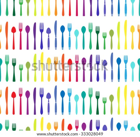 Rainbow seamless pattern. Fork, spoon, knife vector illustration.