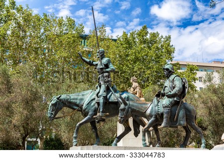 Statues of Don Quixote and Sancho Panza at the Plaza de Espana in Madrid, Spain