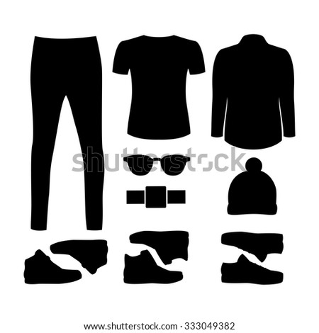 Set of black silhouette trendy men's clothes with jacket, t-shirt, trousers and accessories. Men's wardrobe. Vector illustration