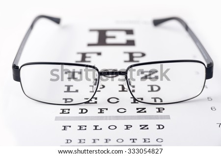 Eye glasses on eyesight test chart background close up Royalty-Free Stock Photo #333054827