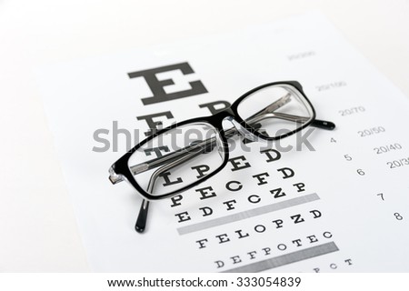 Eye glasses on eyesight test chart background close up Royalty-Free Stock Photo #333054839