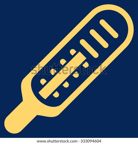 Thermometer vector icon. Style is flat symbol, yellow color, rounded angles, blue background.