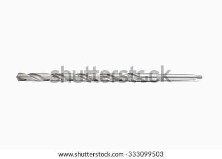 Steel drill for drilling holes in wood and metal on white background.