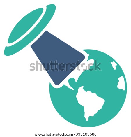 Ufo Explores Earth vector icon. Style is bicolor flat symbol, cobalt and cyan colors, rounded angles, white background.