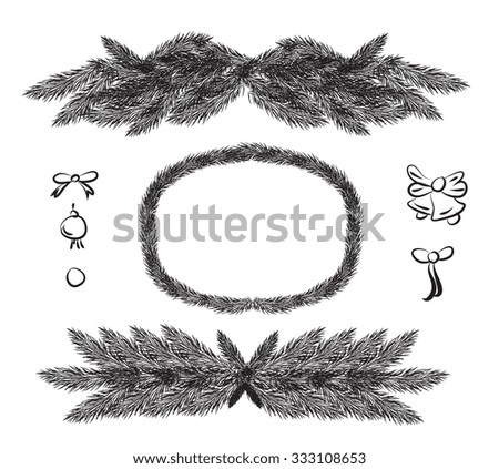 Hand drawn Christmas leaves black and white