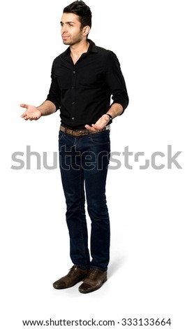 Angry Caucasian man with short dark brown hair in casual outfit talking with hands - Isolated