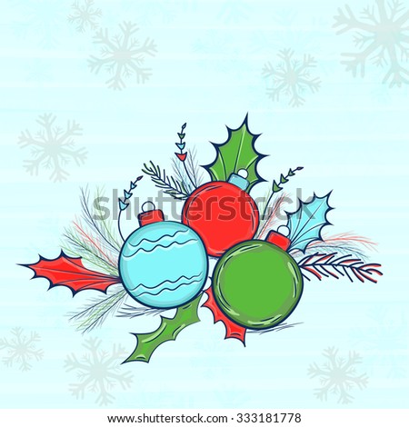 Colorful Xmas Balls with fir tree branches on Snowflakes decorated background for Merry Christmas celebration.