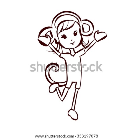 Cute girl in a monkey costume. Hand drawn cartoon vector illustration. Chinese new year symbol. Kawaii japanese style.