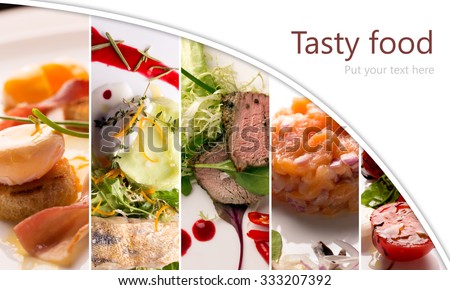 Food photo collage of salads and main courses Royalty-Free Stock Photo #333207392