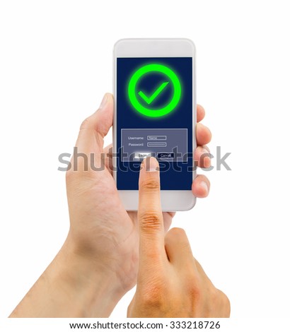 hand of a man entering the password in the smart phone with success on white background