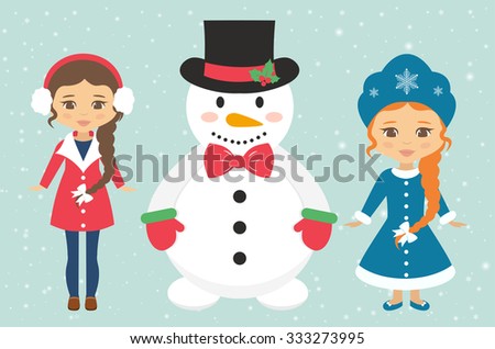 snow maiden and winter girl and snowman