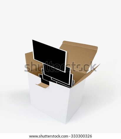 Opened carton box with photograph templates, isolated on white.