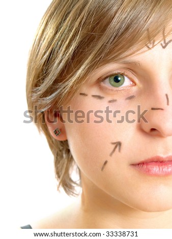 Closeup portrait of a cute Caucasian girl whose face is marked with lines and arrows for facial cosmetic surgery. Isolated on white.