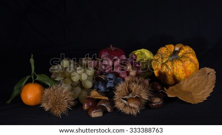A group of autumnal fruits and vegetables on a black background.