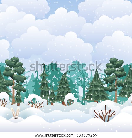 Vector flat winter daily snowing forest seamless landscape. 