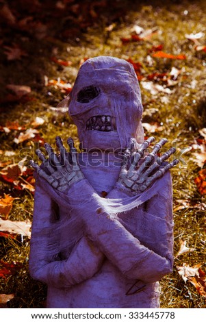 Halloween mummy on the grass floor 