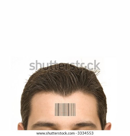 Human Standards - bar code on a man's forehead