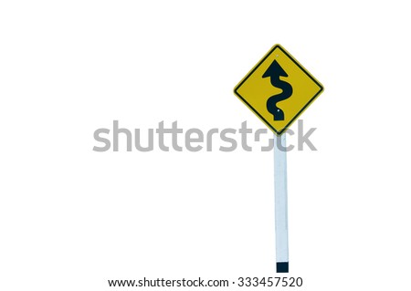 Winding yellow traffic sign isolated on white.
