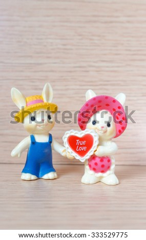 adorable rabbits couple made from plastic isolated on wooden background, for display and decoration, love and romance concept