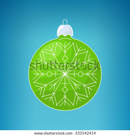 Green Ball with Snowflake,  Ball on a Blue Background, Christmas Tree Decoration, Merry Christmas and Happy New Year,  Vector Illustration