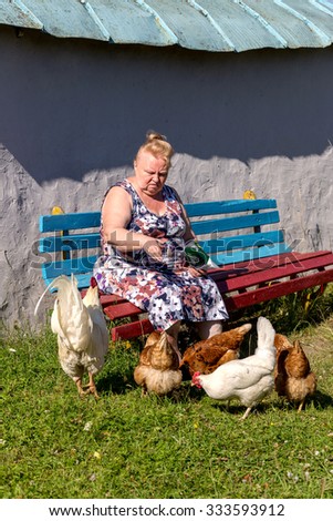 Adult woman in the countryside sitting on a bench near the village house and feed the chickens. A typical picture of Russian rural life