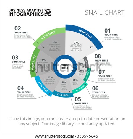 Editable infographic template of circular snail diagram, blue and green version