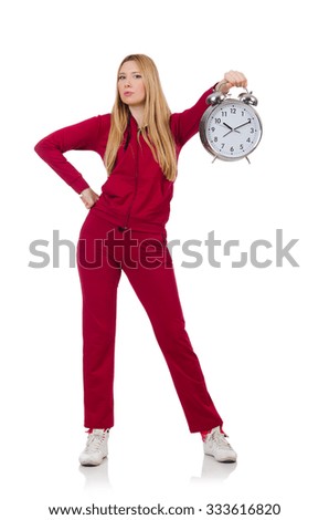 Pretty coach holding alarm clock isolated on white