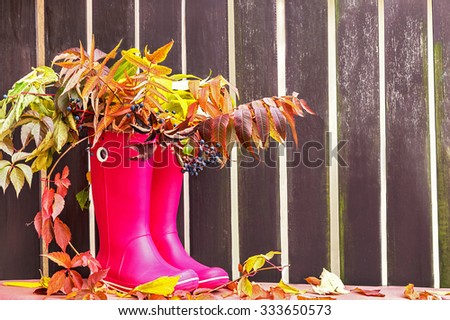Rubber boots (rainboots) and autumnal leaves are on the wooden empty fence background. Autumn. Copy space for your text. Creative, activity, leisure, travel concept. 