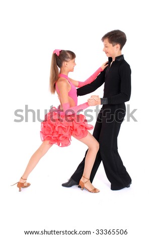 Boy and girl dancing ballroom dance on white background