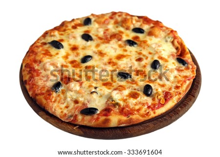 Delicious pizza with olives, shrimp, seafood on wooden stand isolated on white