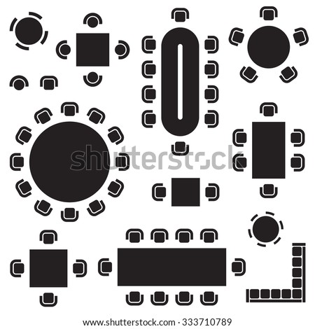 Business furniture symbols used in architecture plans icons set, top view, graphic design elements, black isolated on white background, vector illustration. Royalty-Free Stock Photo #333710789