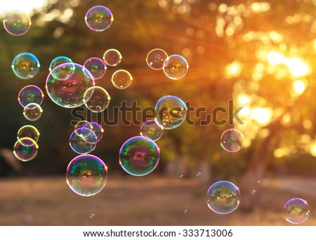 soap bubbles into the sunset with beautiful bokeh Royalty-Free Stock Photo #333713006