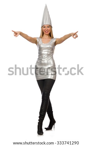 Woman in silver dress isolated on white