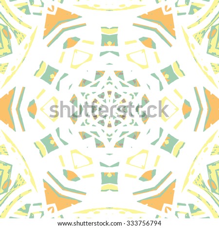 Multicolored kaleidoscopic tile element colored with stylish palette. Symmetrical seamless pattern that can be used as a background texture or for print.