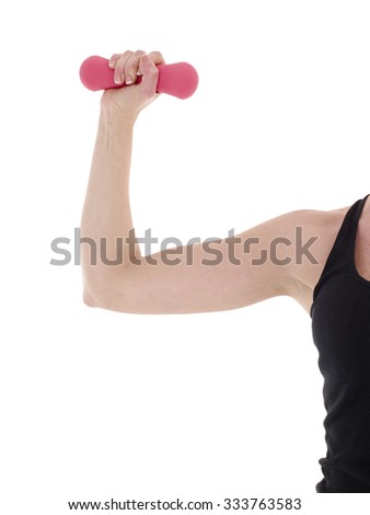 Healthy caucasian woman with dumbbells working out on white background. Fitness gym concept.