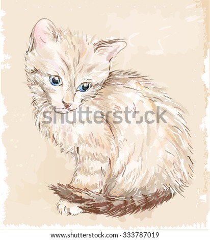 hand drawn portrait of the kitten . Kitten was drawn  with brushes from Adobe Illustrator without auto trace.  Kitten, background, and grunge elements can be edit separately.