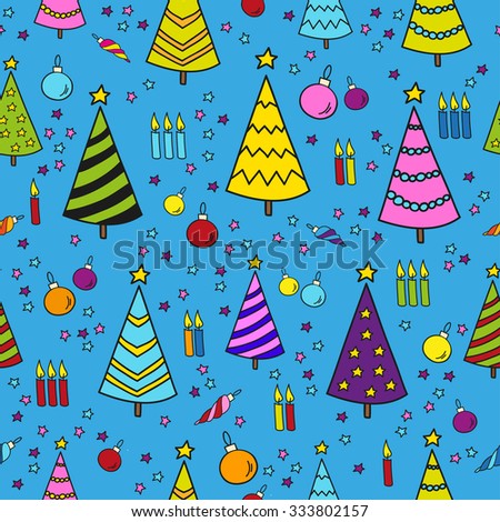 Hand drawn christmas seamless pattern with trees, candles, stars. Can be used for wrapping paper, wallpapers, web page backgrounds, print on textile