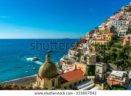 The church of Santa Maria Assunta in Positano Italy. beautiful seascape.  comune on the Amalfi Coast (Costiera Amalfitana) Royalty-Free Stock Photo #333807842
