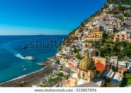 ship is approaching to Positano Italy Port Waterfront.  comune on the Amalfi Coast (Costiera Amalfitana) Royalty-Free Stock Photo #333807896
