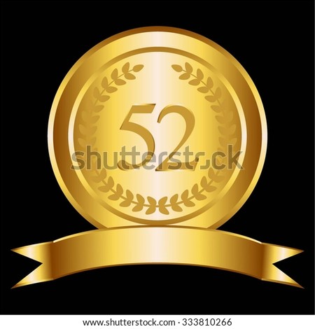 Vector illustration of Gold ribbon and laurel wreath on a black background. 52 anniversary
