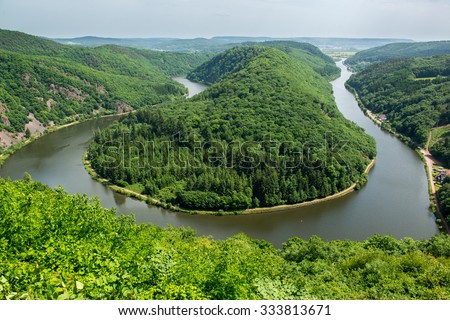 View from Cloef to Saarschleife, Saar river, Germany Royalty-Free Stock Photo #333813671