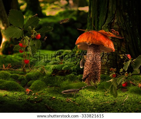 Picture - a fairy tale for children. A lot of different insects in the forest glade. Ant, spider, mantis, beetle, caterpillar, aphids, wasp. Forest Fairy Tale. Strawberries, mushroom Royalty-Free Stock Photo #333821615