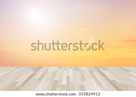 Wooden terrace the blurred and Christmas concept. Wood white table top in front of natural in the forest sky or mountain blur background image for product display montage.