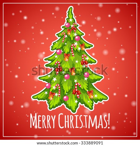 Decorated Christmas tree. Vector clip-art illustration on a red background.