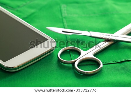 surgical instruments  and smart phone, selective focus