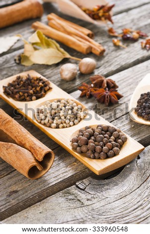 spices on old wooden table