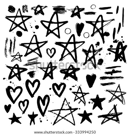  Set of hand drawn stars and hearts. Grungy elements. Brush strokes and splatter. Vector illustration.