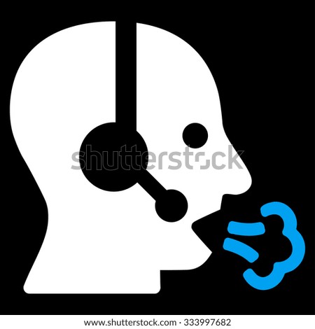 Operator Speech vector icon. Style is bicolor flat symbol, blue and white colors, rounded angles, black background.