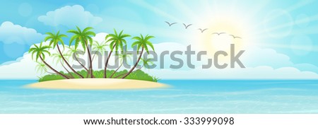 Summer tropical island with palms, sand, sky and sun