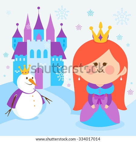 Cute princess in a snowy landscape with a castle and a snowman. Vector illustration